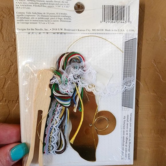 DIY - 1998 Holiday Cross Stitch Church on Clothespin Angel Gold Wings Ornament - Picture 4 of 5